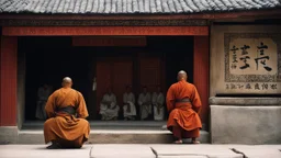 [very impressive high res masterpiece in Kodak Eastman 5247, bokeh scene by Stanley Kubrick] Shaolin gangs monk waiting outside, in the doorstep of a stone temple
