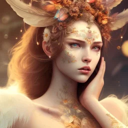 perfect woman, plant metal, feathers, long hair, butterflies, branches, plants, flower background, face paint, intricate, oil on canvas, masterpiece, expert, insanely detailed, 4k resolution, cinematic smooth, intricate detail, soft smooth lighting, snow