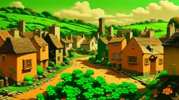 A brownish bronze Irish town with clovers designed in ancient Egyptian pottery painted by Frank Wilson