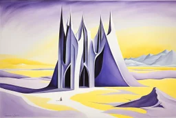 a surreal open gothic_arab gate in a glass wall with a view of a desolate landscape, storm, strong contrasts, by artist "Leonora Carrington",by artist "Zaha Hadid",These colors are bold, vibrant, and intense, including shades of colors such as purple, blue, and yellow.