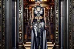 Creation: full body and headshot of a skinny Cleopatra, with a silver bob hairstyle, standing in a steampunk setting.