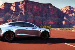 A Tesla 'Model S' is parked, in the 'Grand Canyon National Park'. (CINEMATIC, WIDE ANGLE LENS, PHOTO REAL)