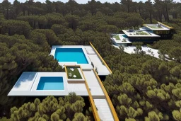 Day in quinta do lago, one straight line building of two floors on a slope of pine trees, with a 250 meters long pool on the rooftop building, modernistic luxury architecture with wood and gold metallic pergolas with pool on rooftop, on a slope with pinus pinea, a road wrap around for low speed veicular road