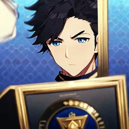 (masterpiece), (anime style), award winning, close up, centered, headshot, looking toward camera, messy black hair, young man, blue eyes, modern intricate background, dynamic lighting, depth of field, ultra detailed, (epic composition, epic proportion), 2D illustration, professional work, black clothes