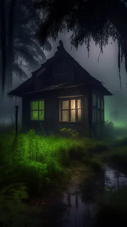 A swamp surrounded at night by bamboos long trees in cloudy, depressing, foggy, with a dark light at night in the distance , there is an abandoned cottage of an old house covered with leaves. A light inside the house though the window
