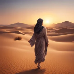 Hyper realistic Pashto girl walking alone in a desert at sunset.