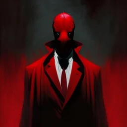 a sinister faceless figure wearing a red suit and a priest's collar with no face and dirty slicked back hair