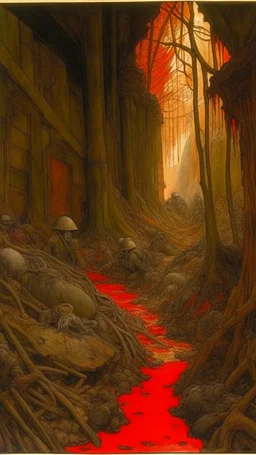 from inside a trench from the first world war traced between the remains of coconuts, in the background a brutal war rages, small and colorful cyberpunk creatures swarm through the floor and air, agony and despair in front of the final battle in the style by John Ruskin