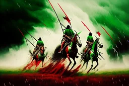 Hun Arrow Crossers on horseback, scorched earth, thunderstorm, red, white, green, sürrealism