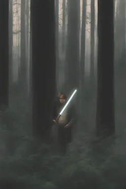 1970's dark fantasy cover dnd style oil painting of obese fat luke skywalker with light saber into the woods with minimalist far perspective