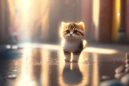 cute happy chibi cat standing on a wet cobblestone road in sunshine, ethereal, cinematic postprocessing, bokeh, dof