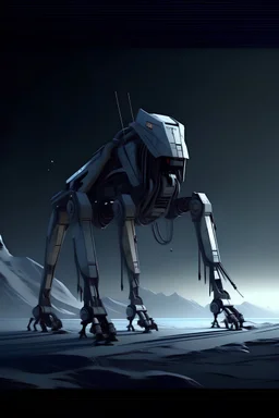 I want an image of a eight legged mechanical walker mech scaling the side of mout everest at night, it has a smooth surface, it has storage pods on its belly human can fit in the pods