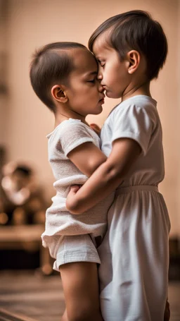 Side profile of a baby girl with her Cibeles aspirations behind her standing . Holding her brother hugging with love and compassion ,