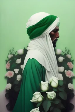 A man in the form of an imam turban does not show his face He wears a green robe A place surrounded by roses the place white