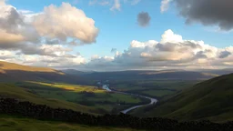 View across the valley in the Yorkshire Dales with beautiful clouds, late afternoon sunshine, stone walls enclosing the fields, gentle hills and valleys, river, calm, peaceful, tranquil, beautiful composition