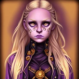 A girl with a purple gold hue around them with small bits of purple gold on their skin. They have long, dirty blonde hair and wear a tank-top with a jacket around their waist and jeans. They wear boots and have violate eyes.