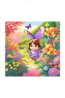 a striking purple butterfly flying by,colorful garden background , child book illustration style, faces must be the same as reference image