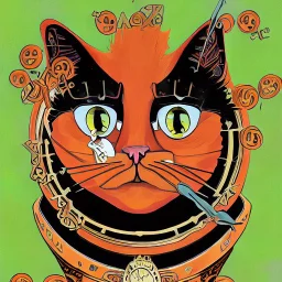 Orange longhairs cat with a clock, surrealism in the style of Salvador Dali