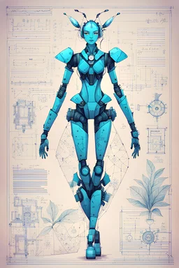 Hand drawn technical,full body illustration , with detailed blueprints and engineering schematics of a robotic hybrid walking leaf insect girl, with highly detailed facial features, drawings, and technical notation, 8k, vibrant natural colors