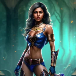 Full body, fantasy setting, woman, dark skin, Indian, 20 years old, magician, warrior, hourglass body shape, bicolor hair, muscular, cinematic, Arabian clothes, insanely detailed