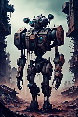 Chronomorph CybPost-Apocalyptic Tribal Wasteland , neo cyberpunk people, deep colors, , The atmosphere dystopian, mecha, ruins, sharp focus, intricate details, weird, cinematic