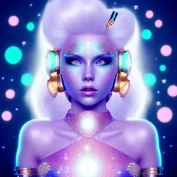 Smiling happy galactic girl, glitter blue and white dress with jewels, blond hair, blue eyes, pink glossy lips, cinematic lights, HQ, 4k, high details