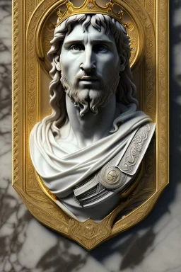 Ultra Realistic image, classical renaissance sculpture, white marble material, Lionel Messi, emperor style, gold Laurel leaves crown, chisel style, waist up portrait, epic, celestial, cinematic lighting, God light, god rays, 4k resolution, smooth details, ornate details, soft lighting, unreal engine 5, marble background.