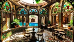 Cafe, Iranian architecture style, small pool in the center, some plants and chairs and tables around, Modern, Minimal