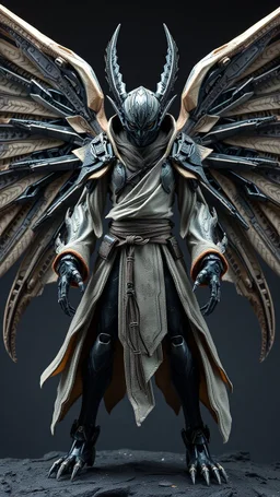 A centering dynamic view action showcasing the fusion of figma and Neumorphic elements, depicting a fully fantasy of an alien with wings Its intricate mechanisms are driven by interlocking robes and complex fabrics casual outfit embedded throughout its massive figma frame. Stance on black mechtech battlefields abandone Dojo. And the face is looking to the camera