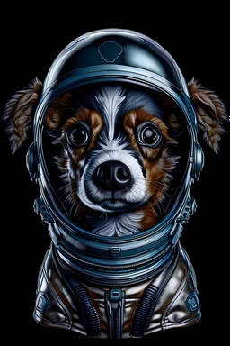 realistic furry puppy dog, wearing a space helmet, full detail, color, black background, face front, copyright free