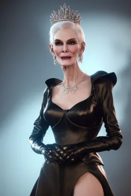 Carmen Dell`orifice as evil queen in black leather gown, angry, busty, curvey, cleavage, unreal 5, octane render,cinema4d, dynamic lighting, dramatic lighting, 4k, redshift render, highly detailed, hyper realistic