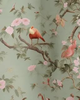 Vintage European chinoiserie wallpaper with dodo bird and oak leaf branches