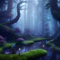 Dark fantasy concept art, dynamic lighting, Intricately detailed, Splash screen art, deep color, Unreal Engine, volumetric lighting, blue flowers, moss, leather, creek, flowing water, fantasy dark forest artwork,