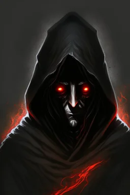 Dark sorcerer, black robe, not visible face, comic style, red eyes