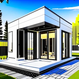 Create a small modern prefab house with white, gold and black colors, photo