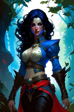 create an adult female air genasi from dungeons and dragons, black medium hair, light blue eyes, blue skin, wavy hair, wearing red leather clothing, full body, digital painting, high resolution, forest background, a bit zoomed out