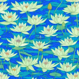 highly detailed painting of Blue Lotus Lily (nymphaea caerulea), seamless pattern, Abstract Illusionism