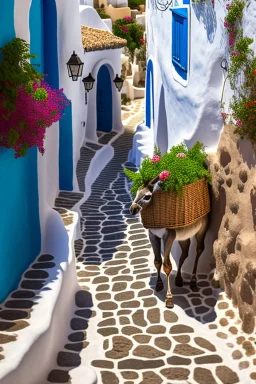 donkey on a path in Thira, Greece, baskets with vegetables on his back, cobblestone pavement, hyper realistic, detailed, accurate, beautifully ornamented houses, open aperture, style Isabel Kreitz