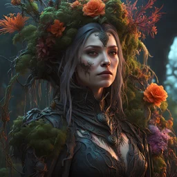 Expressively detailed and intricate 3d rendering of a hyperrealistic: witch, wide shot, cyberpunk plants and flowers, neon, vines, flying insect, front view, dripping colorful paint, tribalism, gothic, shamanism, cosmic fractals, dystopian, dendritic, artstation: award-winning: professional portrait: atmospheric: commanding: fantastical: clarity: 16k: ultra quality: striking: brilliance: stunning colors: amazing depth