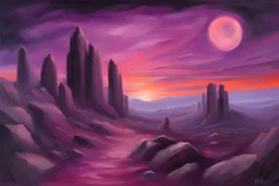 Purple sky, mountains, rocks, fantasy, sci-fi films influence, impressionism paintings