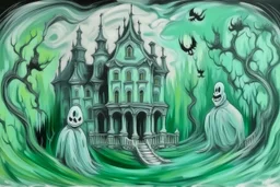 A mint colored haunted mansion with ghosts painted by Claude Monet