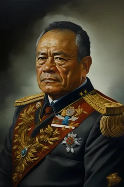 Painting portrait of Samoan formal chief young and black hair in military uniform