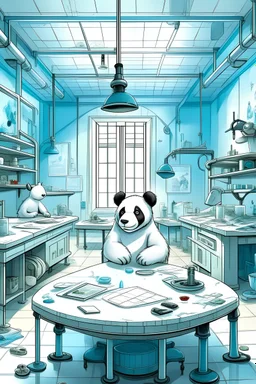 A pure white laboratory/operating room with a mix of medieval, scientific, and magical tech. Keep the first image and add a panda bear lying on the table wearing half a mask. No, the panda bear is lying on the table, unconscious and being operated on. No, make the panda bear LYING on the table, face up, and sleeping