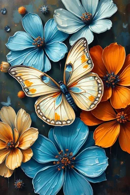 "An oil painting with rich textures and expressive brushstrokes depicts a butterfly among flowers in shades of blue and orange. The butterfly harmonizes with the scene, featuring soft patches of cream, bluish-gray, and subtle amber hues that blend with the warmth of the flowers. The flowers are painted in a vibrant artistic style, with ethereal petals in shades of sky blue, turquoise, and sapphire, contrasting with warm oranges, ochres, and golds. The soft lighting creates a cozy atmosphere