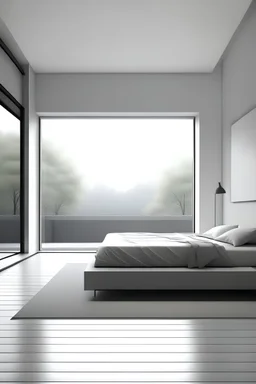 Minimalistic bed room with big window with modern interior.