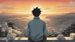 man looking over a sunset from behind drawn by akira toriyama