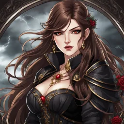 Icon or avatar. An arrogant looking young woman with pale skin and long brown hair in a stormy dark fantasy setting with intricate details. She is smirking, wearing black and read leather, has red eyes, an air of malevolent power surrounds her. Anime style. High definition.