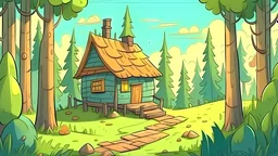 Cartoon style: at the end of the forest, far away on the horizon a small wooden house