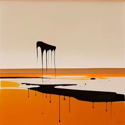 Melancholy Minimal abstract flat landscape painting. Rough brushstrokes and dripping paint. A single orange colour highlight with complimentary background colours. Use rule of thirds. Place the Horizon line at the top. Style of Justin Mortimer.Abstract empty landscape painting. Dripping paint. Rough. Minimal. Style of Justin Mortimer.