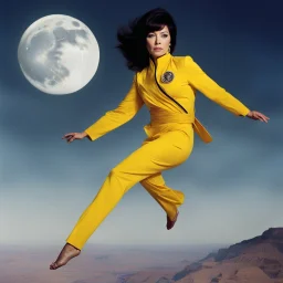 The woman, her name is Linda Thorson, she's a master of an ancient martial art passed down through generations. She wears a vibrant yellow suit, symbolizing her discipline and determination. And there she is, suspended in the air, defying gravity, her body contorting with grace and power. The planet beneath her, with its large moon, adds an ethereal backdrop to the scene.